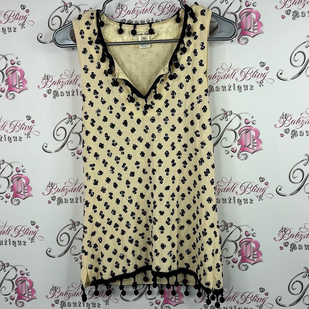Nanette Lepore tank top tassles sequins Cream and Black Patterned Tank Top